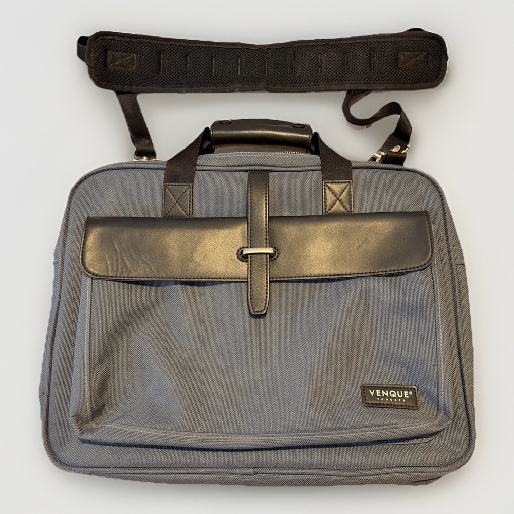 Venque Hamptons Briefcase Laptop Bag Gray Leather Trim 15" Messenger Work Bag